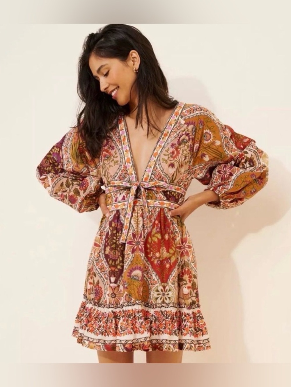 NWT FARM Rio Romantic Nature Mini Dress V-Neck Boho Sz M